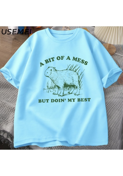 Flood Of Style Bir Karışıklık Ama En İyi Kapibara T-shirt Erkekler Vintage Tshirt Garip Rahat Pa Mavi