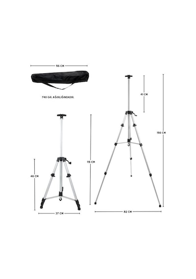 Katlanabilir Alüminyum Tripod Şövale - Kollu Yükseklik Ayarlı, Su Terazili, Gümüş