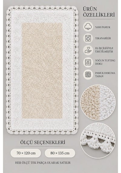 Alanur Bodrum Tufting Cotton Pamuklu El Işi Örgülü Paspas 108 70 X 120 Cm Beyaz - Ekru