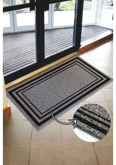 Dikdörtgen Çerçeveli Dış Kapı Paspası - Kıvırcık Paspas - Suya Dayanıklı - 3 Çizgili Model Gri