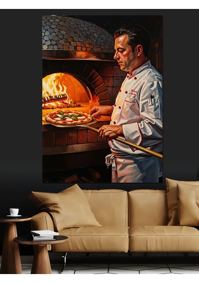 Taş Fırında Pizza Pişiren Usta Dekoratif Kanvas - Mdf Ahşap Tablo