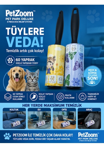 Petzoom 60 Yaprak Tüy Toplama Rulosu Kedi Köpek Tüy Toplayıcı Ev Koltuk Araç Ofis Temizlik Rulosu Çok Renkli