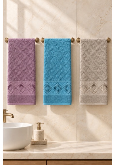 Elmas Motifli El Yüz Havlusu 50x90 Cm 3 Lü Set %100 Pamuk - Mauve Lagoon Çok Renkli
