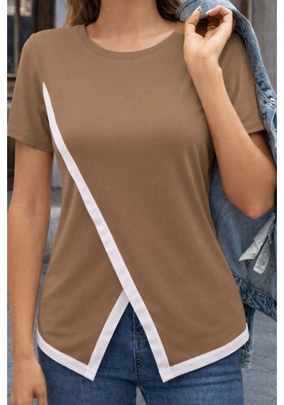 Defymoda Kadın Kısa Kollu Bisiklet Yaka Viskon Bluz Sütlü Kahve