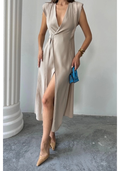 Defymoda Kruvaze Vatkalı Kolsuz Elbise Modal Kumaş - Bej Bej