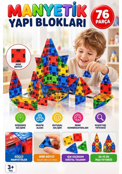 76 Parça Manyetik Yapı Blokları 3 Boyutlu Mıknatıslı Eğitici Geometrik Oyuncak ve Yapboz Seti