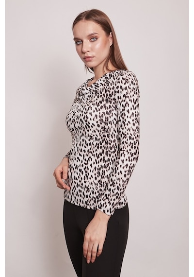 Jument Desenli Degaje Yaka Uzun Kol Likralı Kumaş Body-Bej Leopar