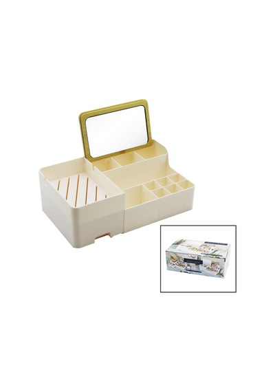 Makri Home Bambu Aynalı Kozmetik Takı Makyaj Organizer, 29 X 17,5 X 10 Cm, Portatif Bambu Aynalı Krem