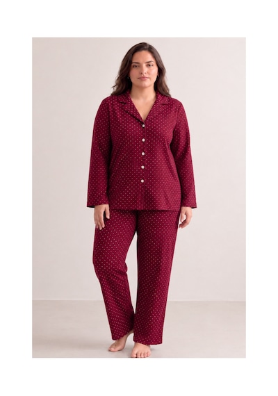 Fit Women Kadın Rahat Puantiyeli Düğmeli Kırmızı Pijama Takımı 824