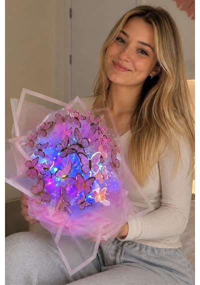 Işıklı Kelebek Buketi Premium Rgb Led Kelebekli Çiçek Buketi, Sevgiliye Kıza Arkadaşa Romantik Doğum Günü Hediyesi