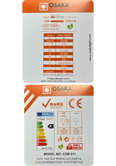 5 Adet Osaka 14w 100w Beyaz Işık 6500k E27 Duylu Kalın Duy Led Par30 Ampul