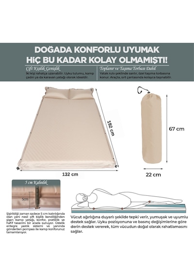 Çift Kişilik Kendiliğinden Şişen Kamp Yatağı Entegre Yastıklı, Pompa Hediyeli Taşınabilir Bej