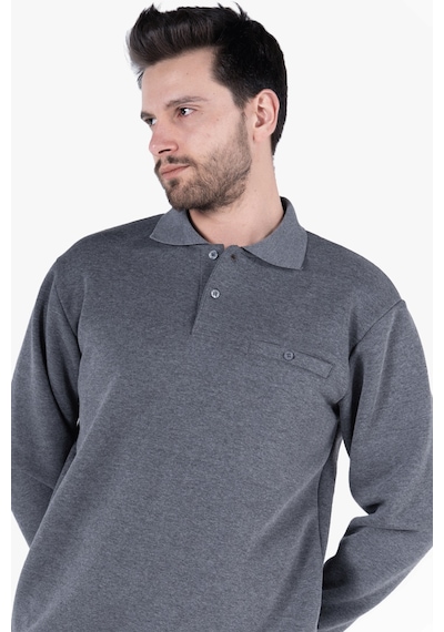 3 İplik Polo Yaka Fleto Cepli Sweatshirt Füme Melanj