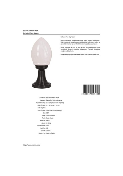 Avonni 68204 Bahçe Set Üstü Aydınlatma, 60 W, Siyah