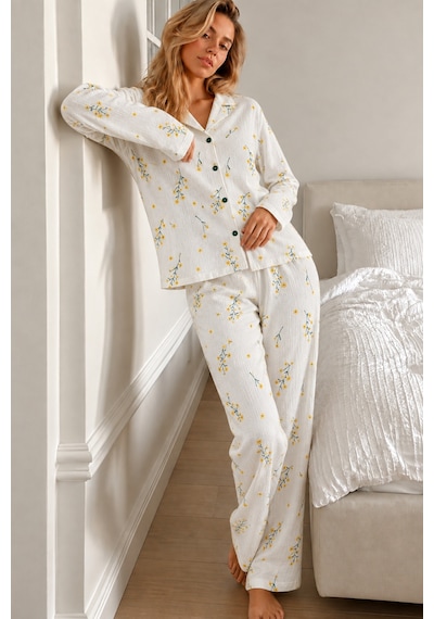 Womanandkids Kırmızı Kadın Gömlek Yaka Düğmeli Pijama Takımı Ekru