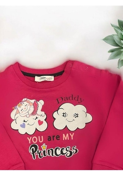 Zekids Kız Bebek Dady Yazılı Bulut Baskılı Pamuklu Sweat-14461 Fusya