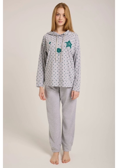 Kadın Gri Kalpli Kapşonlu Pijama Takımı Gri