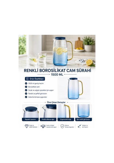 Cambu Renkli Borosilikat Cam Sürahi 1500 Ml Kapaklı, Kulplu Su Ve Soğuk İçecek Karafı
