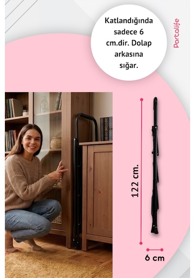 Portalife 3 Basamaklı Uzun Tutacaklı Şık Siyah Çelik Merdiven 3 Basamak