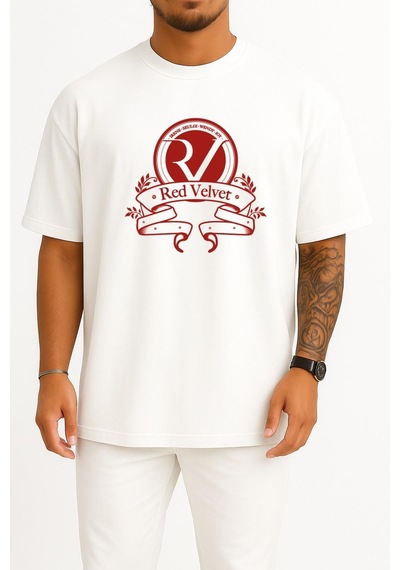Bahriyeli Collection Oversize Red Velvet K-pop Logo Korean İdol S.m Göğüs Tasarımlı Unisex T-shirt Beyaz