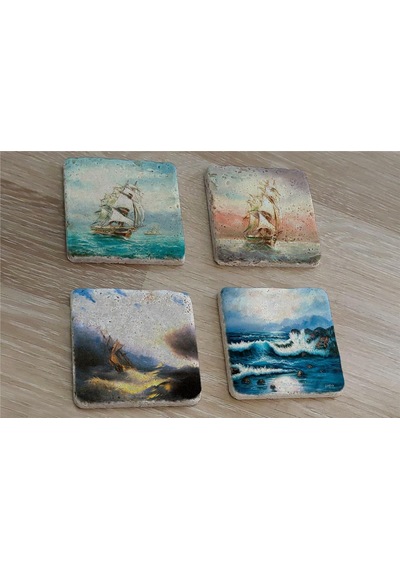 Ivan Aivazovsky Deniz Ve Yelkenliler Doğal Taş Bardak Altlığı 4'lü Set - Natural Stone Coasters - Taş Çok Renkli
