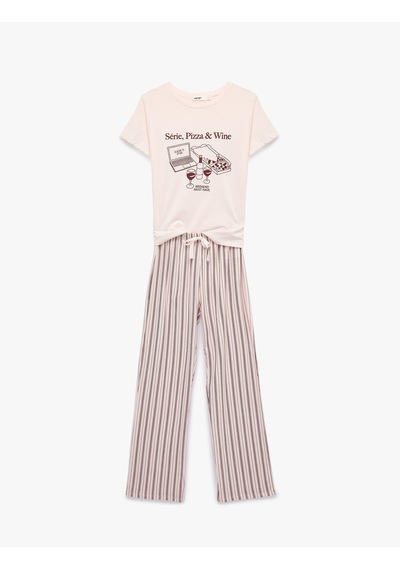 Koton Kısa Kollu Bisiklet Yaka Rahat Kalıp Baskılı Pijama Takımı Pembe 7wlk40179mk Gül