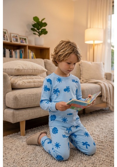 Zuzunga Deniz Temalı Mavi Renk %100 Pamuk Erkek Çocuk Pijama Takımı Bebe Mavi