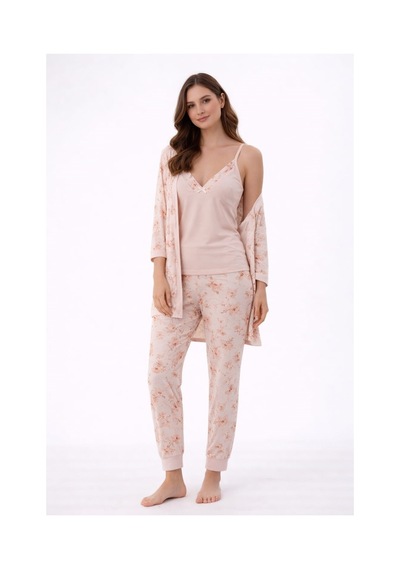 Pemilo Kadın 3344 3'lü Viscon Sabahlık Pijama Takımı Bej