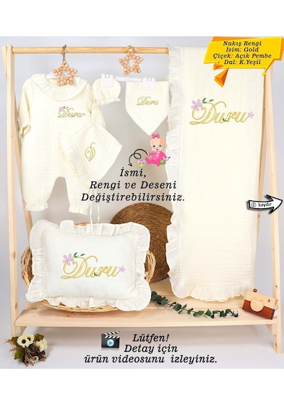 Gros Shop Yeni Doğan %100 Pamuk Müslin Hastane Çıkış Mevlüt Seti-takı Yastık Kişiye Özgü İsimli Nakış Desenli Ekru-3