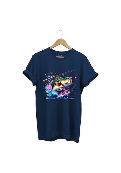 Fishing Balıkçılık Renkli Levrek Balığı Baskılı Avcılık %100 Pamuk Regular Fit Unisex T-shirt Lacivert
