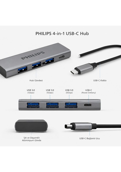 Philips 4-ın-1 Usb-c Hub 3x Usb 3.0 5gbps, 1x Usb-c 5gbps, Hızl