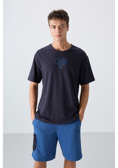 Tommy Life Lacivert Pamuklu Kalın Yumuşak Dokulu Oversize Fit Baskılı Erkek T-shirt - 88333 Lacivert