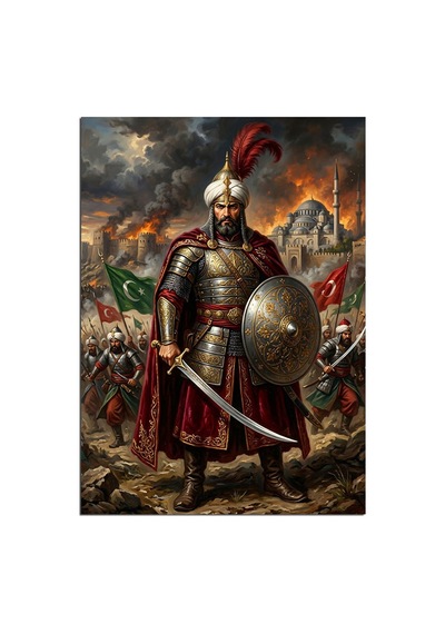 Fatih Sultan Mehmet Ve Sancaklı Ve Zırhlı Savaşçı Dekoratif Kanvas - Mdf Ahşap Tablo Çok Renkli