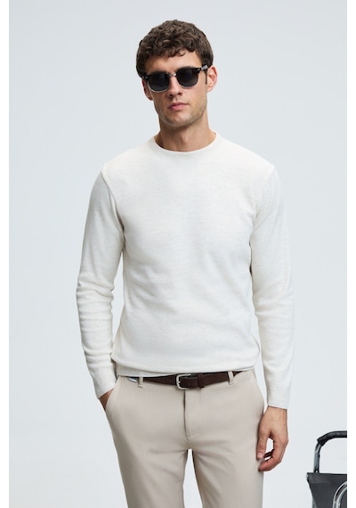 Grımelange VAREX Erkek Yuvarlak Yaka Basic Slim Fit Triko Ekru Kazak
