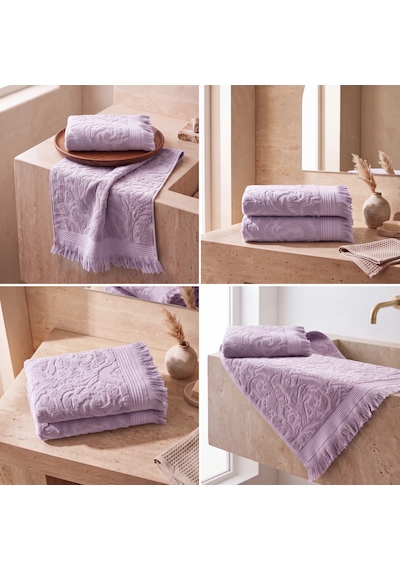 Botti Home %100 Pamuk Jakarlı 2 Li El Ve Yüz Havlusu Seti 50 X 90 Cm Çeyizlik Saçaklı Havlu Lila