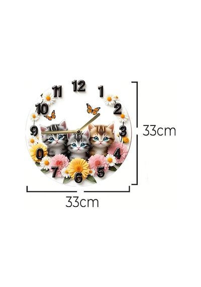 Sevimli Kedili Mdf Duvar Saati 3d Görünümlü, 2d Hd Baskı, 33 Cm 3d Görünümlü Sdw231 Renkli