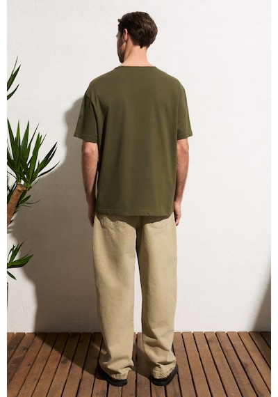 Grimelange Axıon Erkek %100 Organik Pamuklu Yuvarlak Yakalı Regular Fit Haki T-shirt