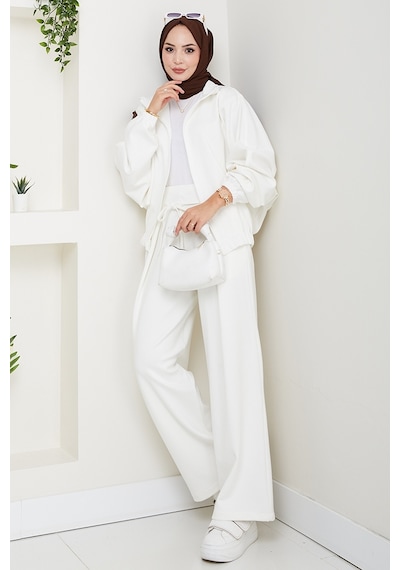 Bestenur Fermuarlı Oversize Takım 1595 - Beyaz Beyaz