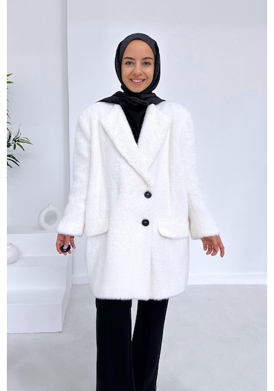 Ka Hijab Vatkalı Kürk Kaban - Beyaz Beyaz