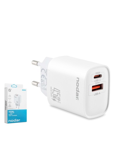 Nodar Usb Type-c Çift Çıkışlı Hızlı Şarj Adaptörü 45w - Beyaz
