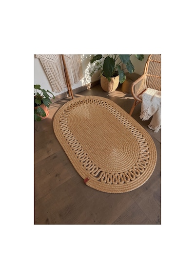 Oval Jüt Hasır Halı Görünümlü Doğal Boho Balkon Banyo Oturma Odası Kapı Önü Paspas Bej 860458852 Bej