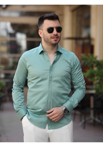 Süper Slim Fit Dar Kalıp Gizli Düğmeli Pamuk Saten Gömlek Mint