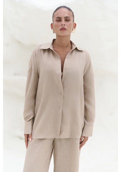 Mai Collection Mai Studios Co. Jelsomina Oversize Bej Keten Gömlek Pantolon Takım Bej