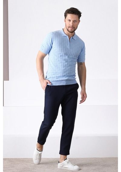 Ferraro Mavi Polo Yaka Fermuarlı Erkek Pamuk Triko T-Shirt-Mavi (429067812) Mavi