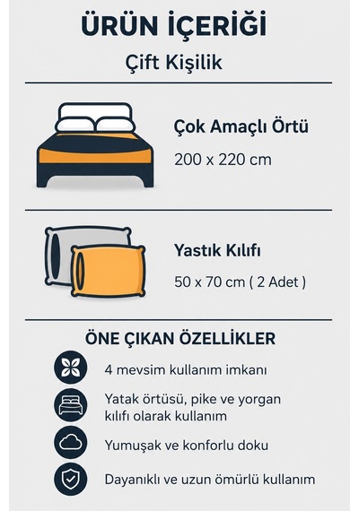 %100 Pamuk Çift Kişilik Kapitoneli Dört Mevsim Pike Yatak Örtüsü Sorti Gri