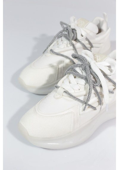 Dgn B1014 Kadin Kalin Taban Bağcikli Sneakers Ayakkabi Beyaz