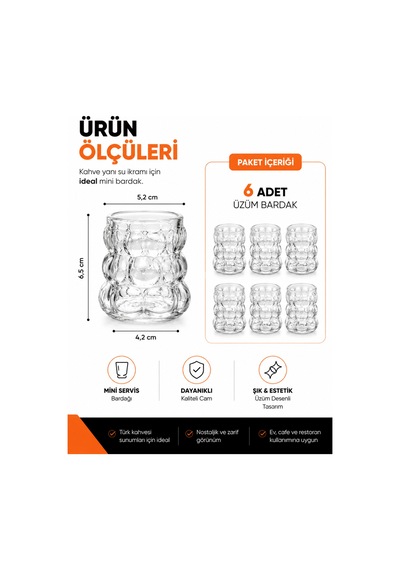 Dmr Home 6'lı Kahve Yanı Üzüm Bardak Mini Cam Su Bardağı Şeffaf Kahve Sunum Bardağı
