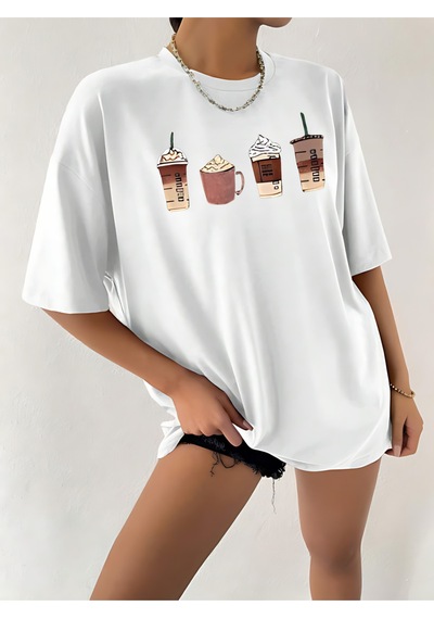 Coffe Süprem T-shirt - Beyaz Baskılı Oversize Bisiklet Yaka Kısa Kol Tişört Beyaz