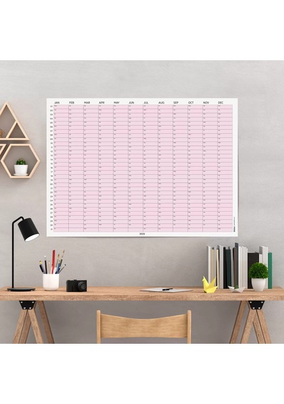 2027 Yıllık Takvim Planlayıcı, Planlayıcı Duvar Takvimi, Yatay, Pastel Pembe Renk Çok Renkli