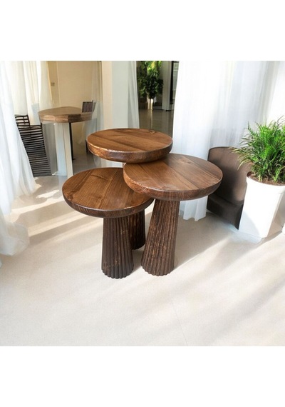Simillo Wood Wooden Ahşap 3 Lü Set Fitilli Mantar Yan Sehpa Modern Ceviz Renk Fiskos Ceviz